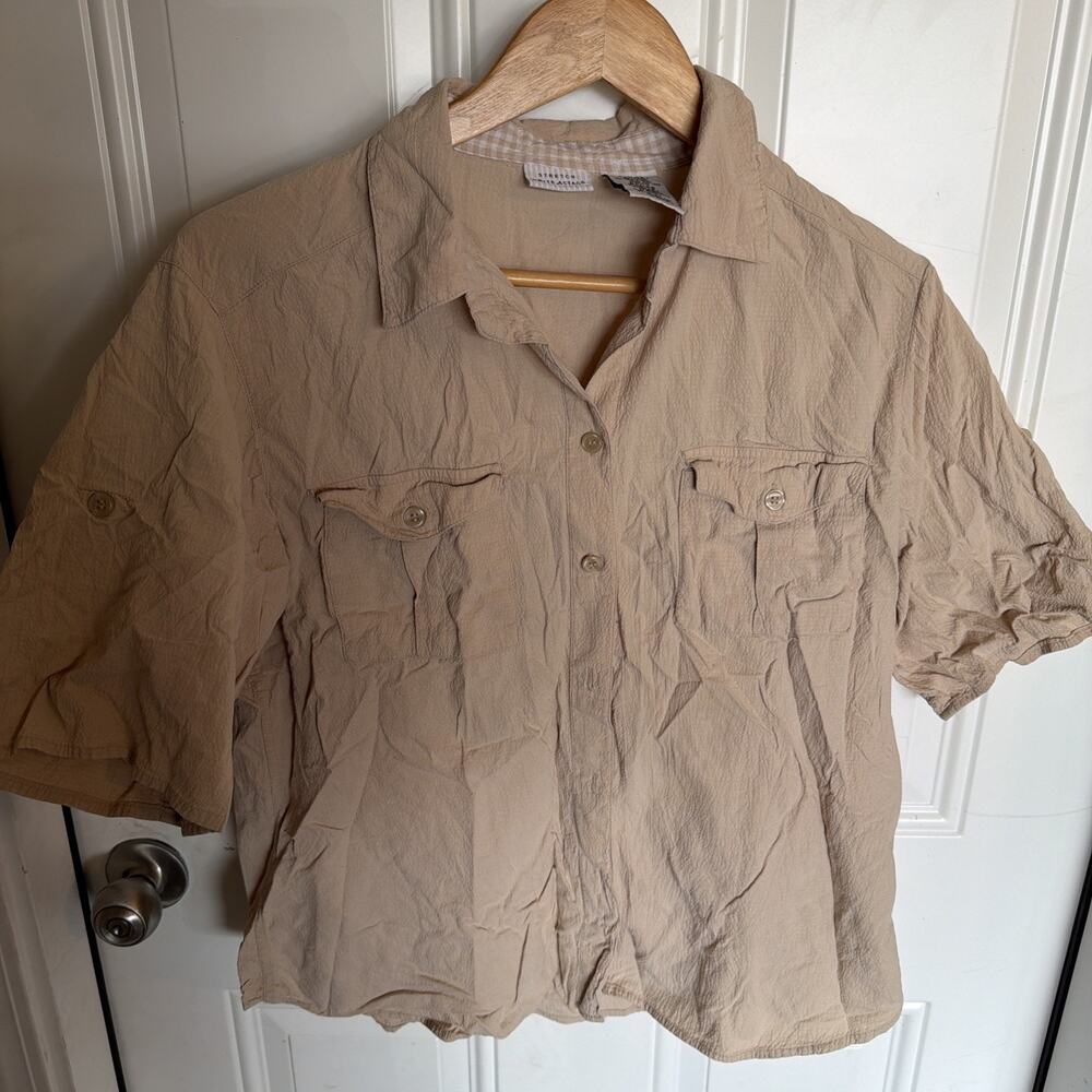 White Stag Womens Top Short Sleeve Button Up Pockets L (12/14) Tan